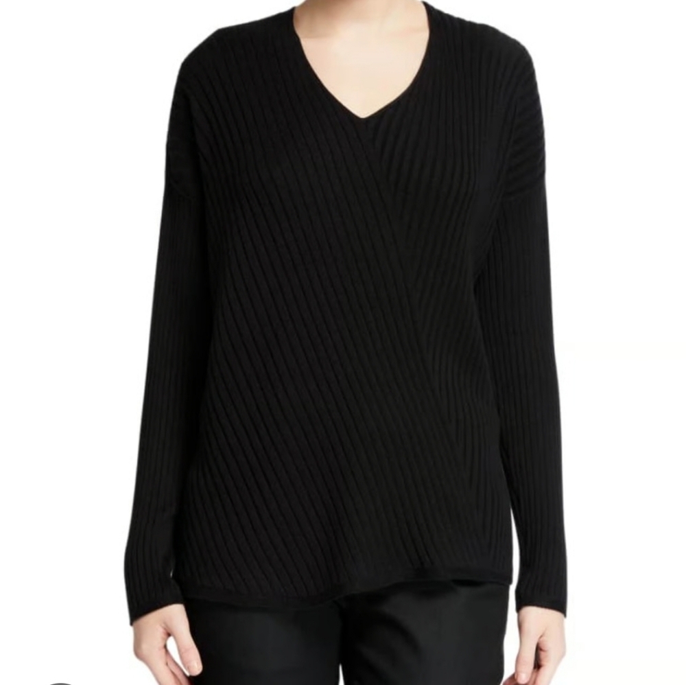 Eileen Fisher V-Neck Asymmetrical Long-Sleeve Variegated Rib Sweater Black S
